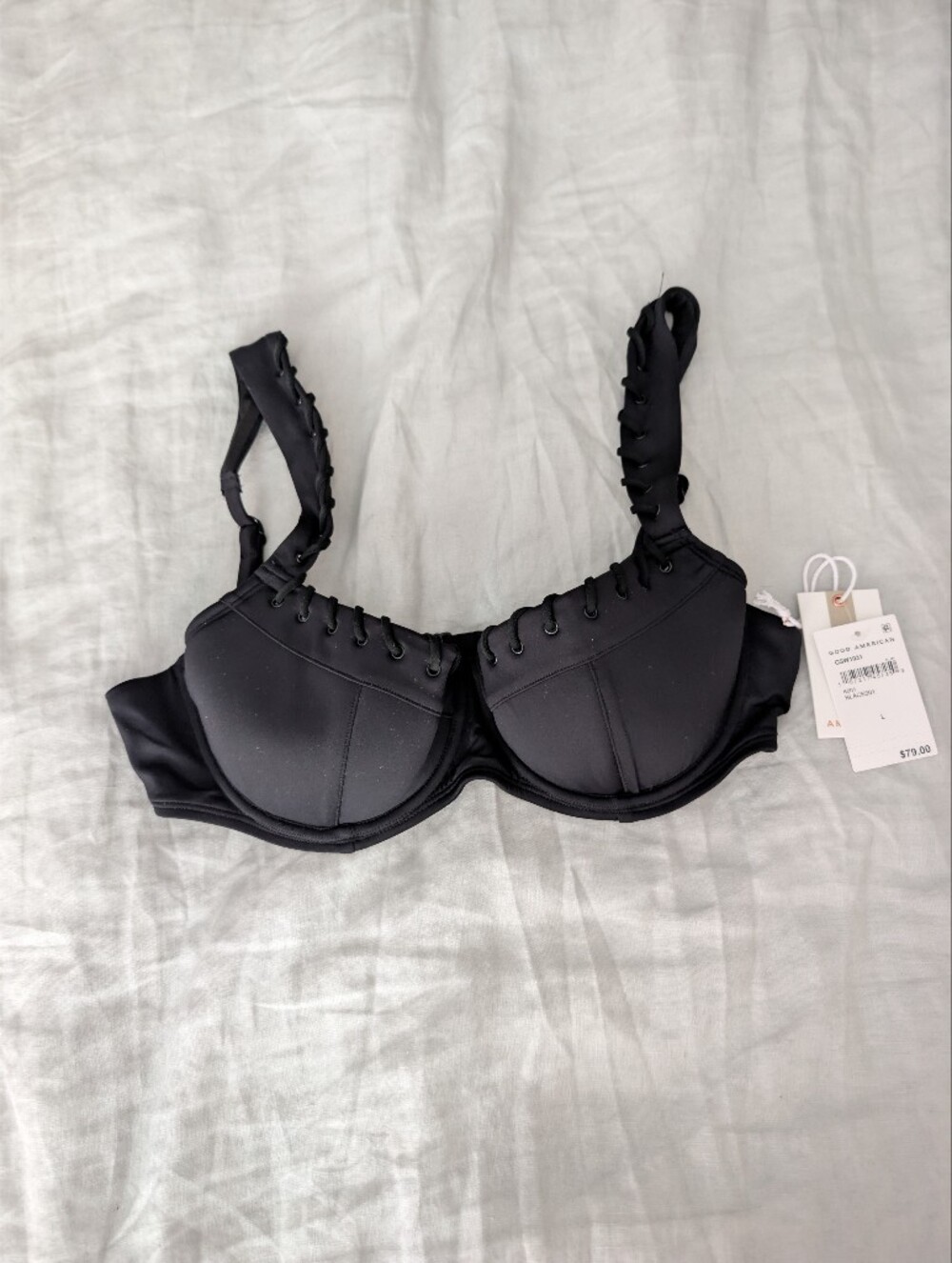 NWT Good American Black Lace-Up Underwire Bikini Top Size L Corset Style